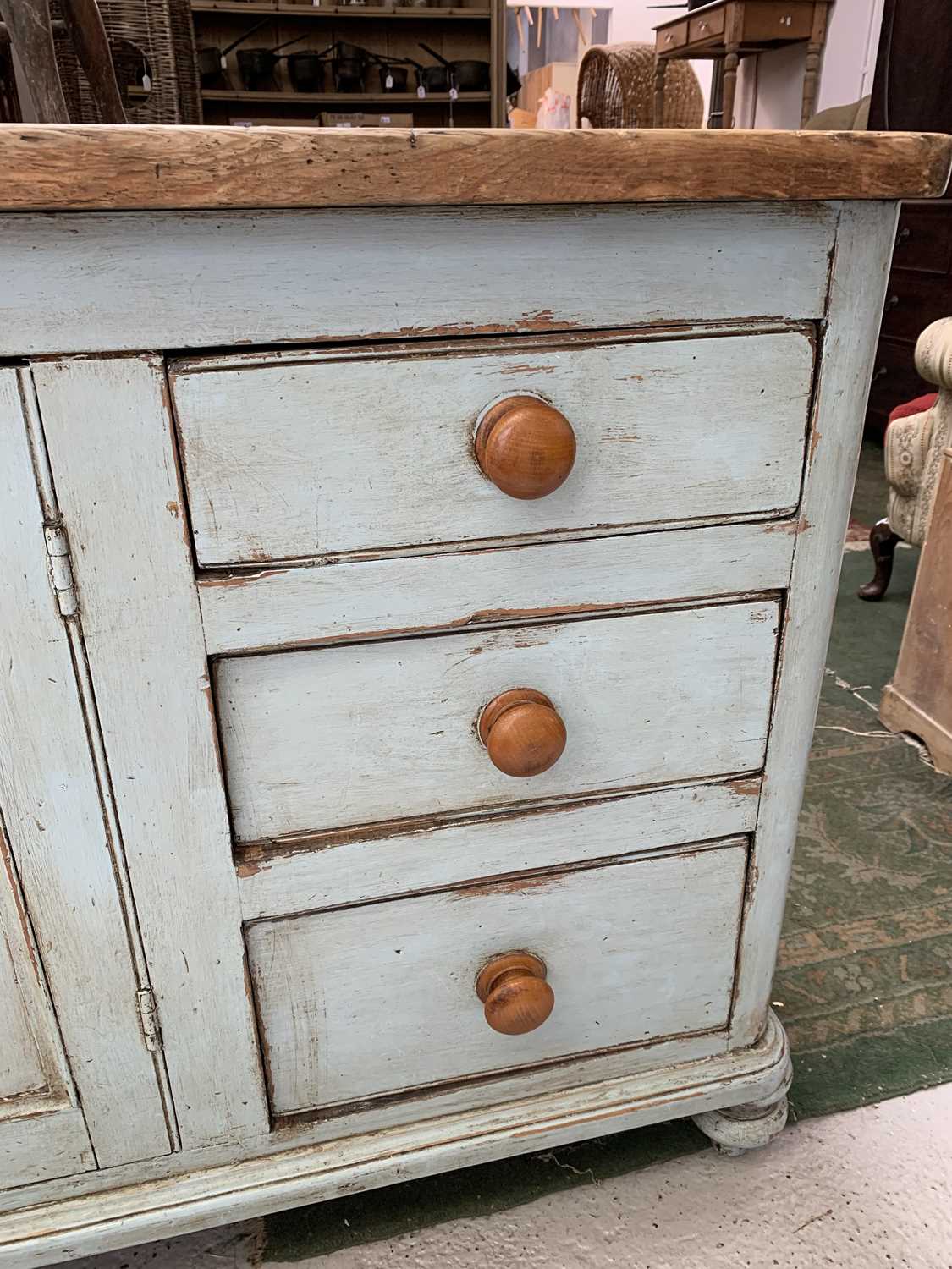 A Victorian painted pine low dresser, with a central panelled door flanked by six drawers, height - Image 7 of 15
