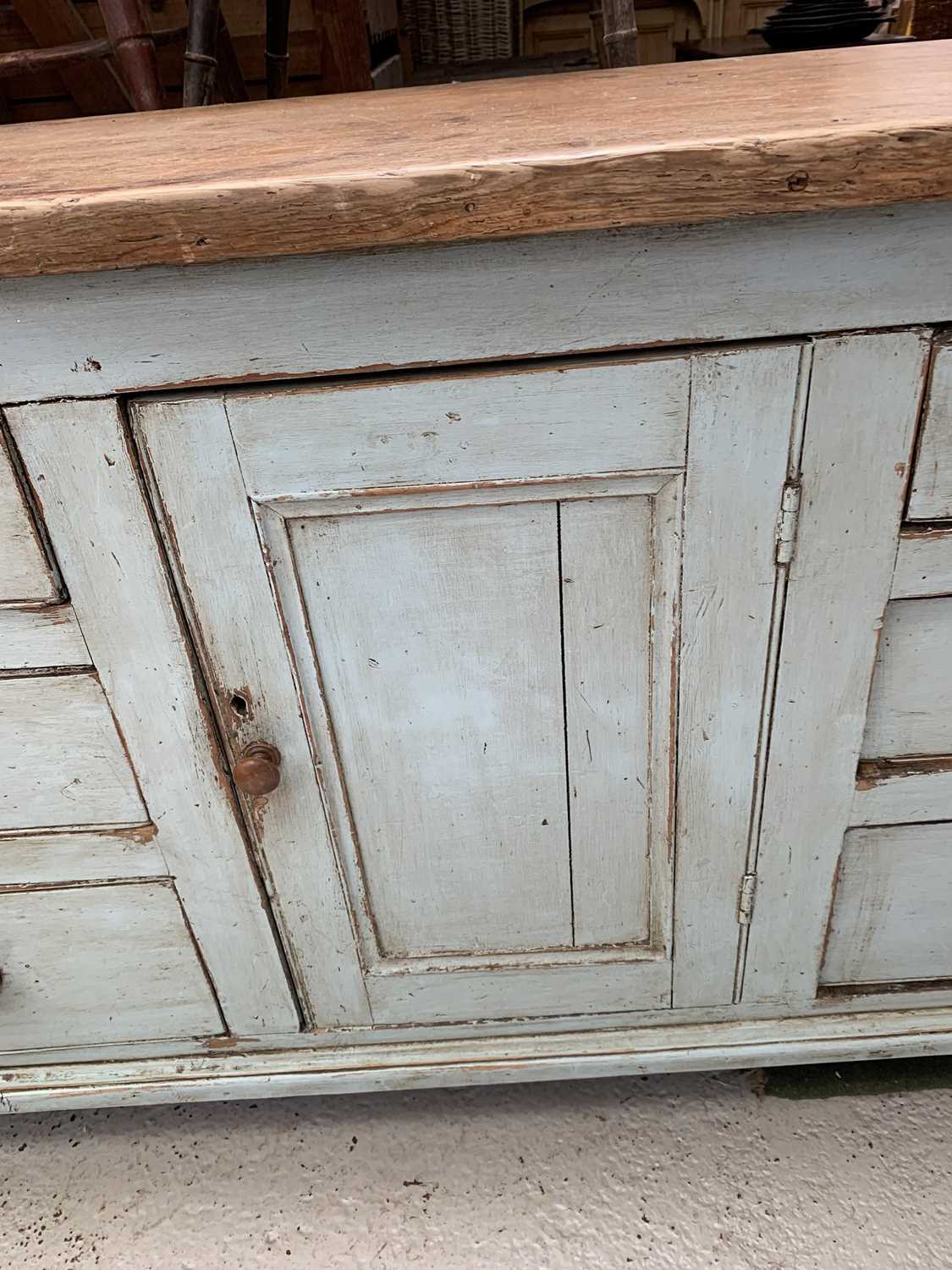 A Victorian painted pine low dresser, with a central panelled door flanked by six drawers, height - Image 6 of 15