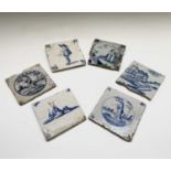 Six Delft blue and white tiles, 17th/18th century, 13 x 13cm.