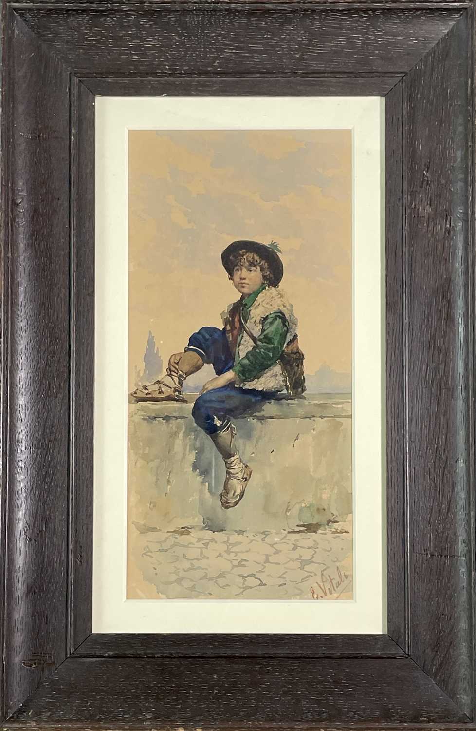 E Vitale Italian Boy Watercolour Signed 31x15cm - Image 3 of 3