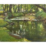 Samuel John Lamorna BIRCH (1869-1955) Lamorna stream with an artist on the riverbankOil on