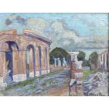 Elizabeth Lamorna KERR (1905-1990)Ostia Antica, Rome Oil on board Signed Inscribed to verso 26 x