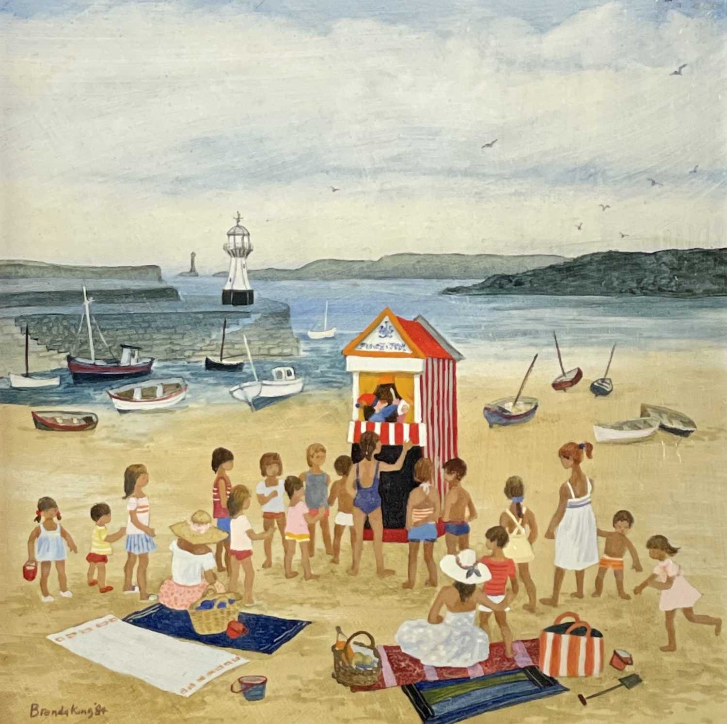 Brenda KING (1934-2011) Punch & Judy, St Ives Oil on board Signed and dated 1984, inscribed to verso