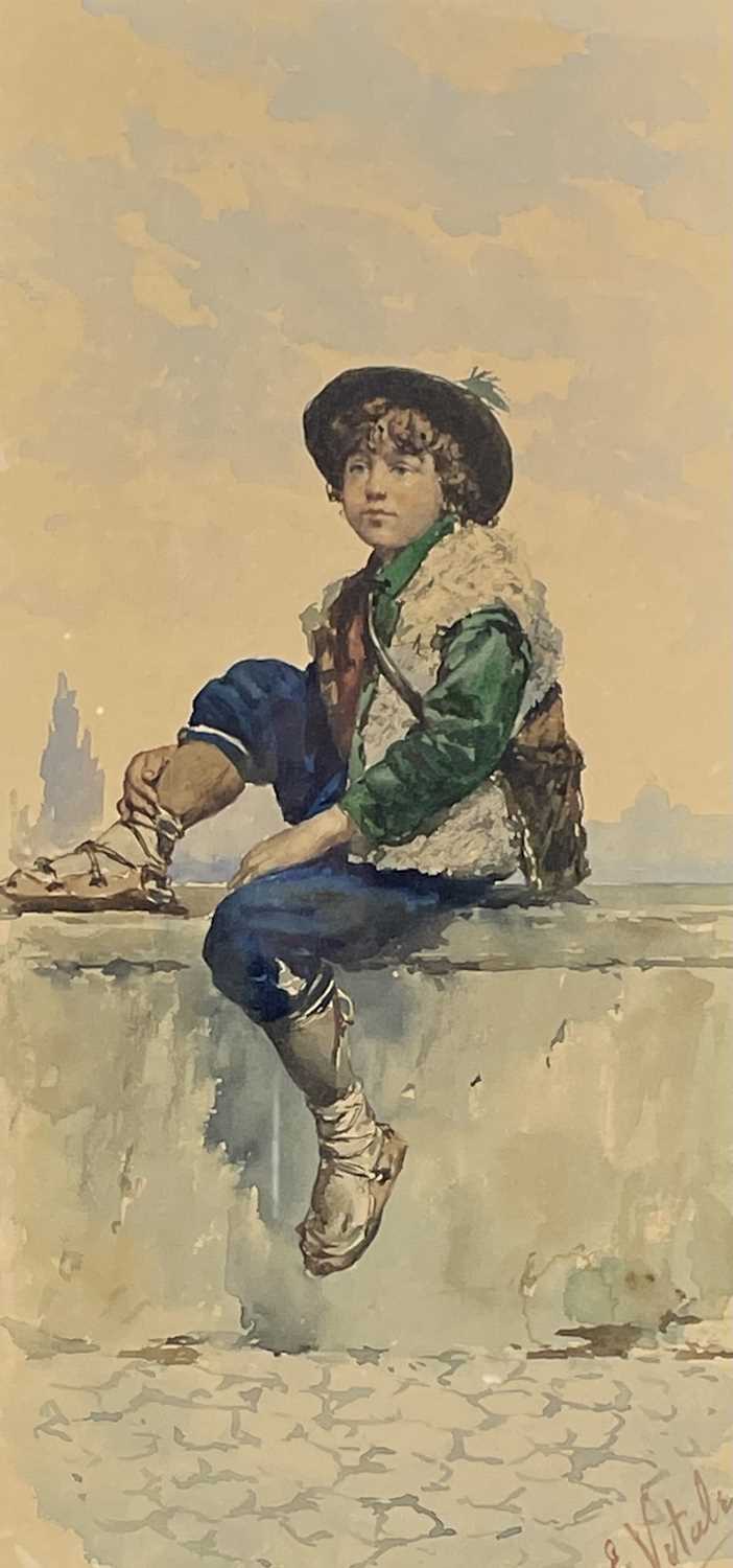 E Vitale Italian Boy Watercolour Signed 31x15cm