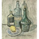 Garlick BARNES (1891-1987)Still Life - Bottles and a LemonOil on board Signed 41 x 36cm Garlick