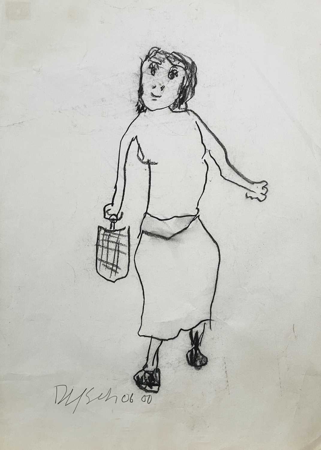 Julian DYSON (1936-2003) Three drawings: Woman with handbag, charcoal drawing signed and dated 06/00 - Image 3 of 5