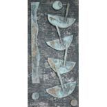 William BLACK (20th Century British)Boats off Shore Copper sculpture on painted wooden boardSigned