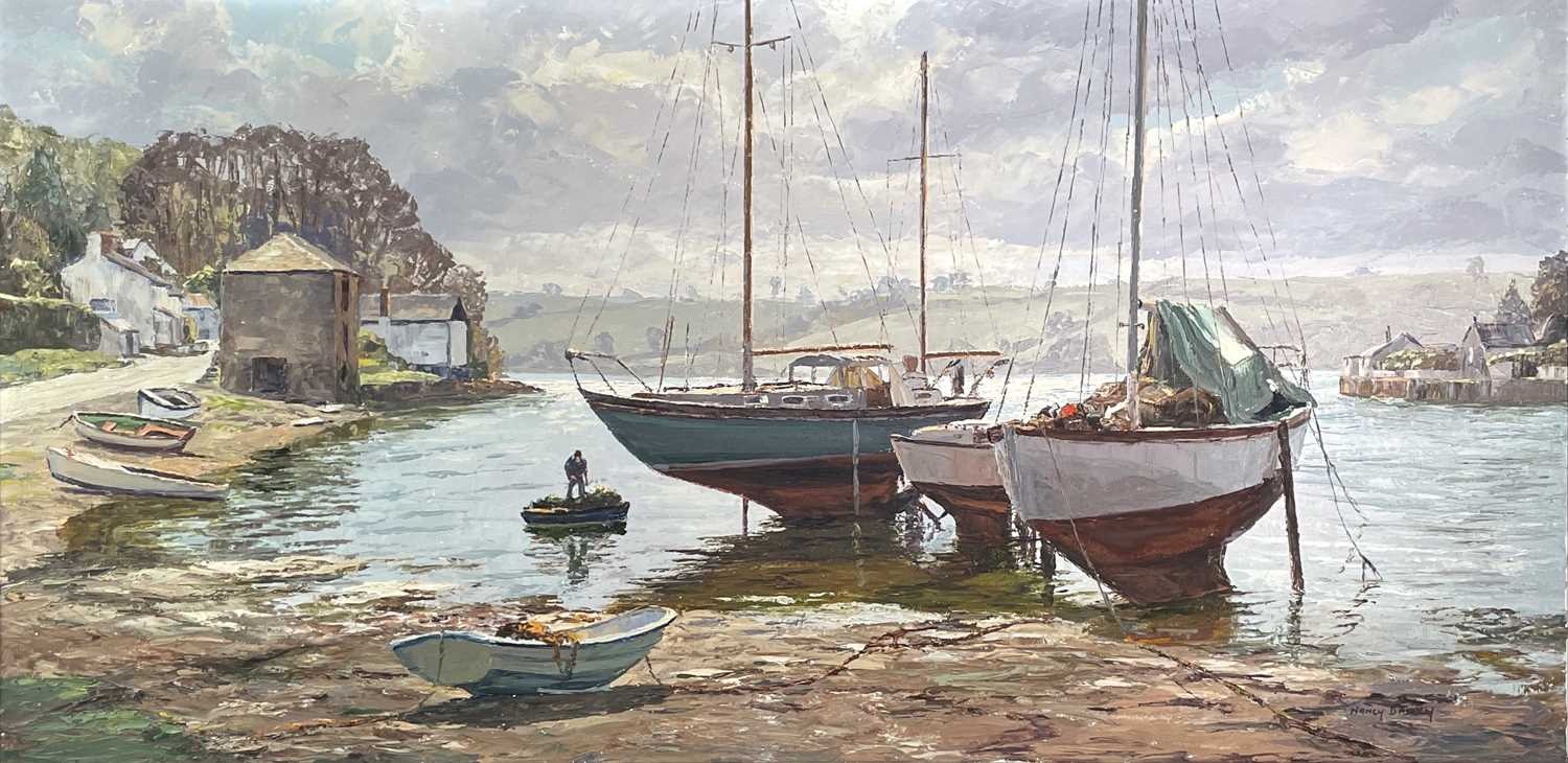 Nancy BAILEY (1913-2012)Sheltered Mooring, LerrynOil on canvas Signed Inscribed to verso 51 x 101cm