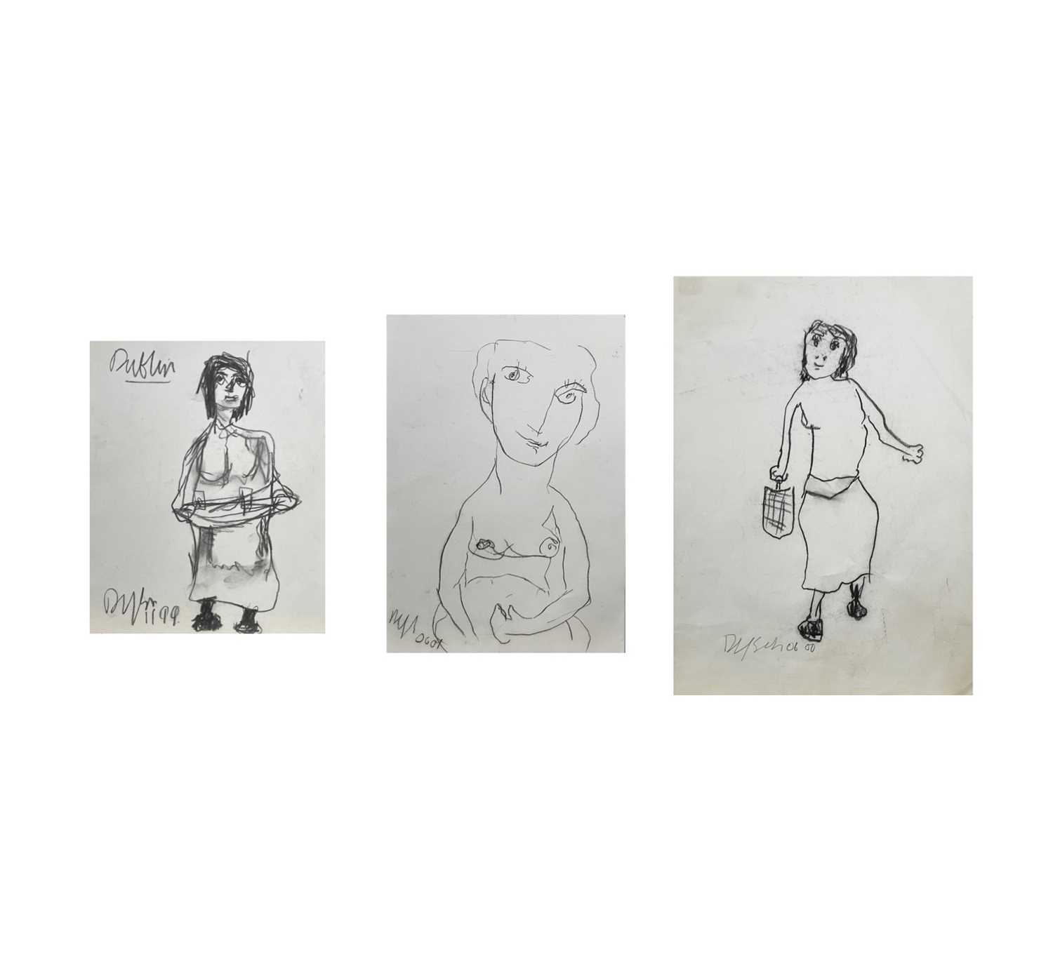 Julian DYSON (1936-2003) Three drawings: Woman with handbag, charcoal drawing signed and dated 06/00