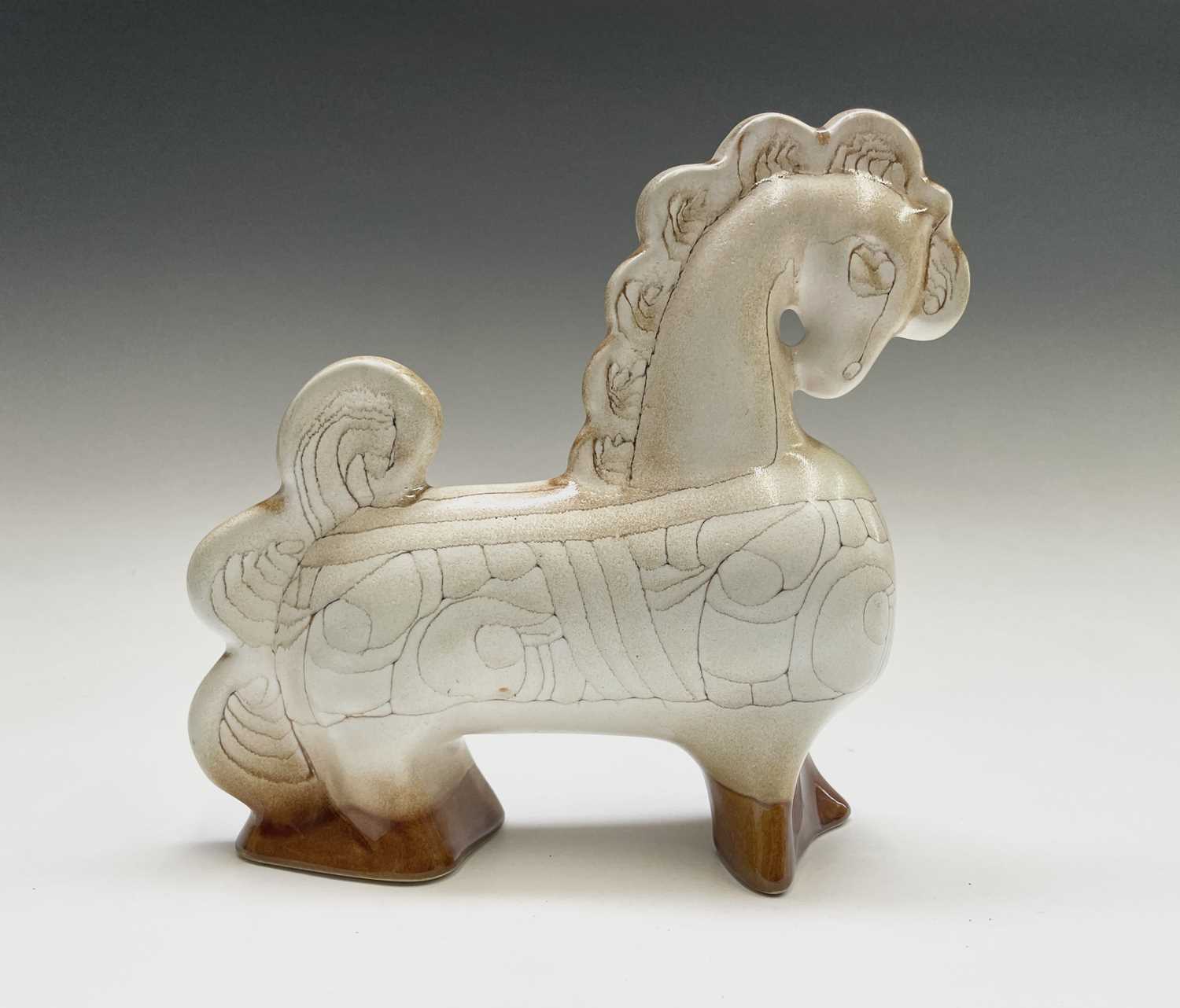 A cream Newlyn Pottery horse in Medallion pattern, height 24.5cm.Condition report: Repair to tail - Image 3 of 10