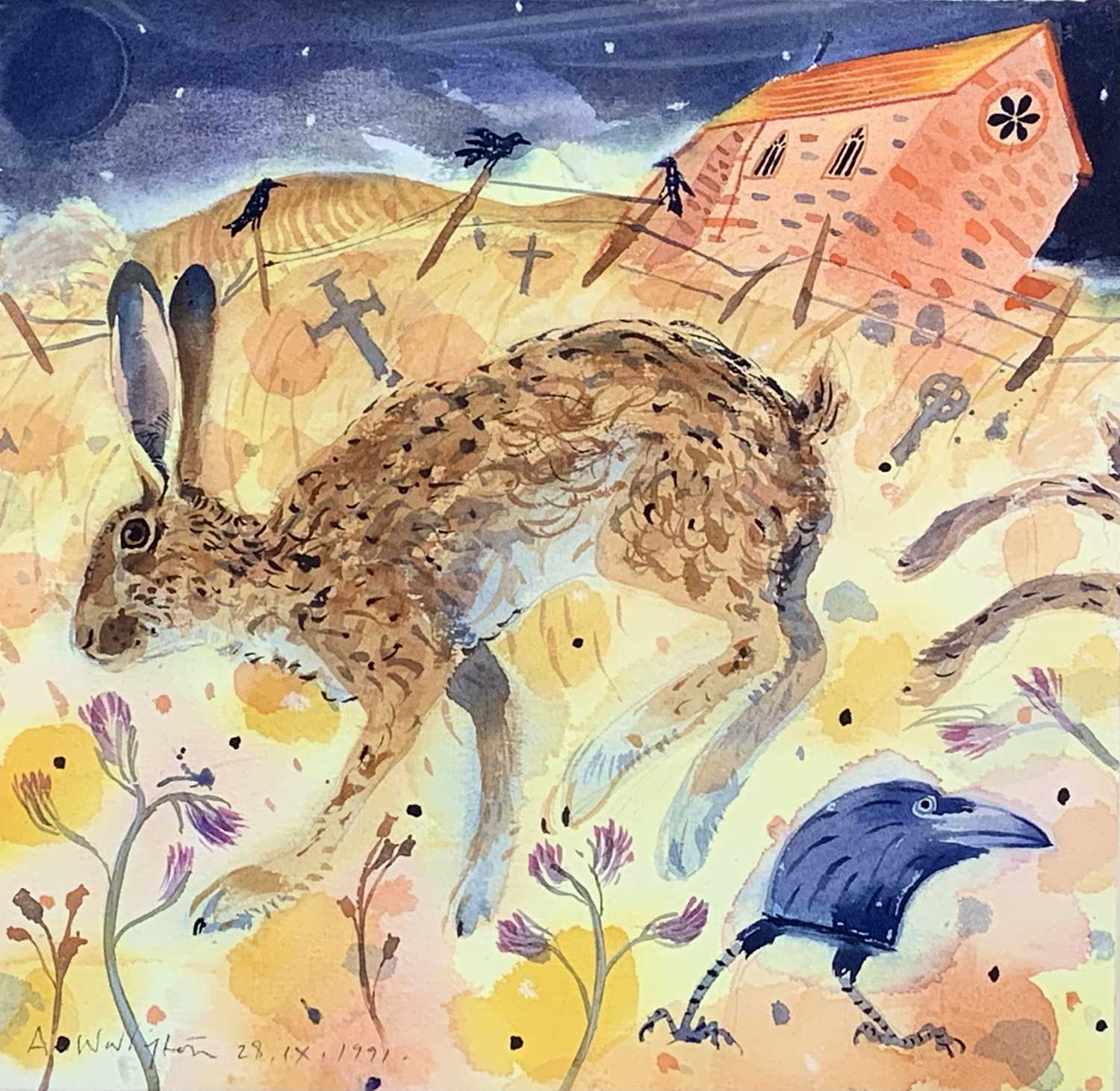 Andrew WADDINGTON (1960)Hare Watercolour Signed and dated 199138 x 38cm