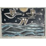 William BLACK (20th Century British)Moonlit Geese over the Sea Gouache and ink Signed, inscribed and