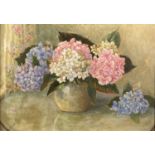 Lilian BLAND (1878-1971) (Aviator)Hydrangeas Oil on board Signed Artist's label to verso31.5 x