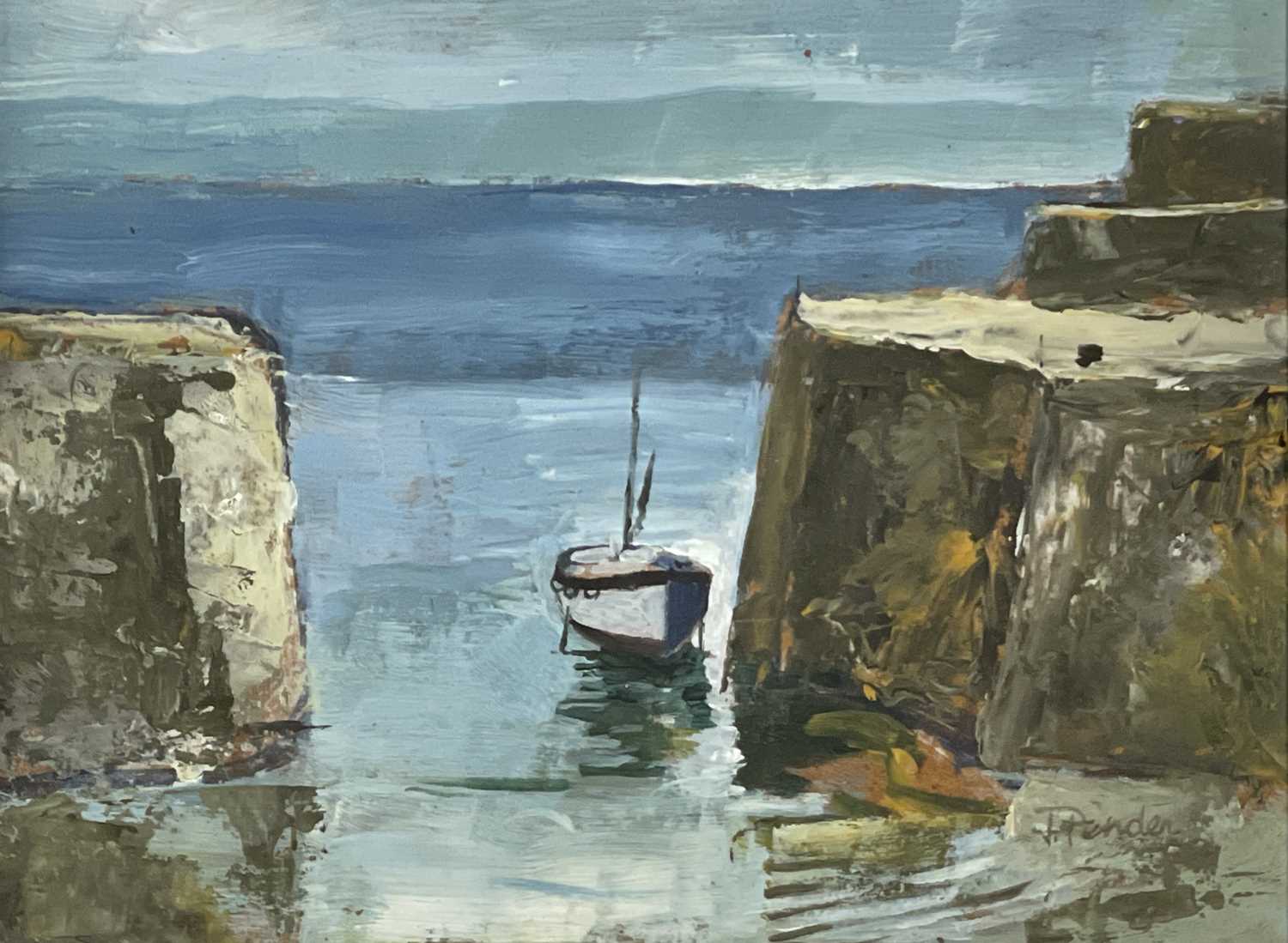 Jack PENDER (1918-1998)Two Quays and BoatOil on boardSigned Further signed, inscribed and dated '