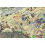 John HARVEY (1935)Bathers on the Beach Oil on cardArtist's studio stamp to verso 24 x 34cm