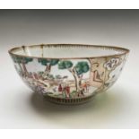 A Chinese famille rose porcelain bowl, 18th century, the landscape and river scene with figures