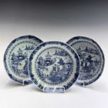 A set of three Chinese Export porcelain blue and white dishes, Qianlong Period (1736-1795), each