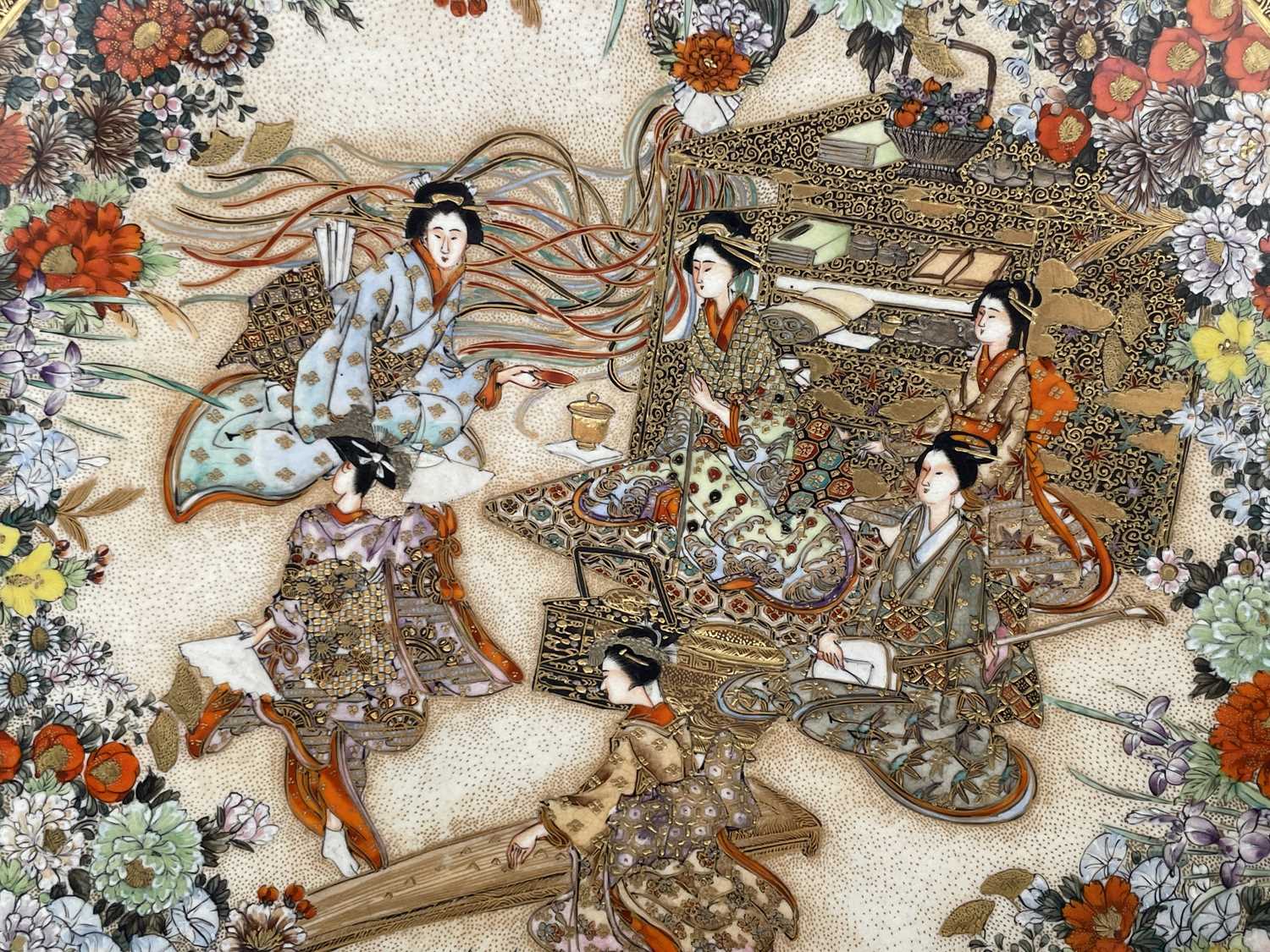 A Japanese Satsuma plate by Ryuzan, Meiji Period, gilt decorated with geisha in a garden setting, - Image 12 of 16