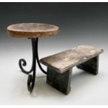 A primitive green painted stool, together with a hardwood and wrought iron stand (2).