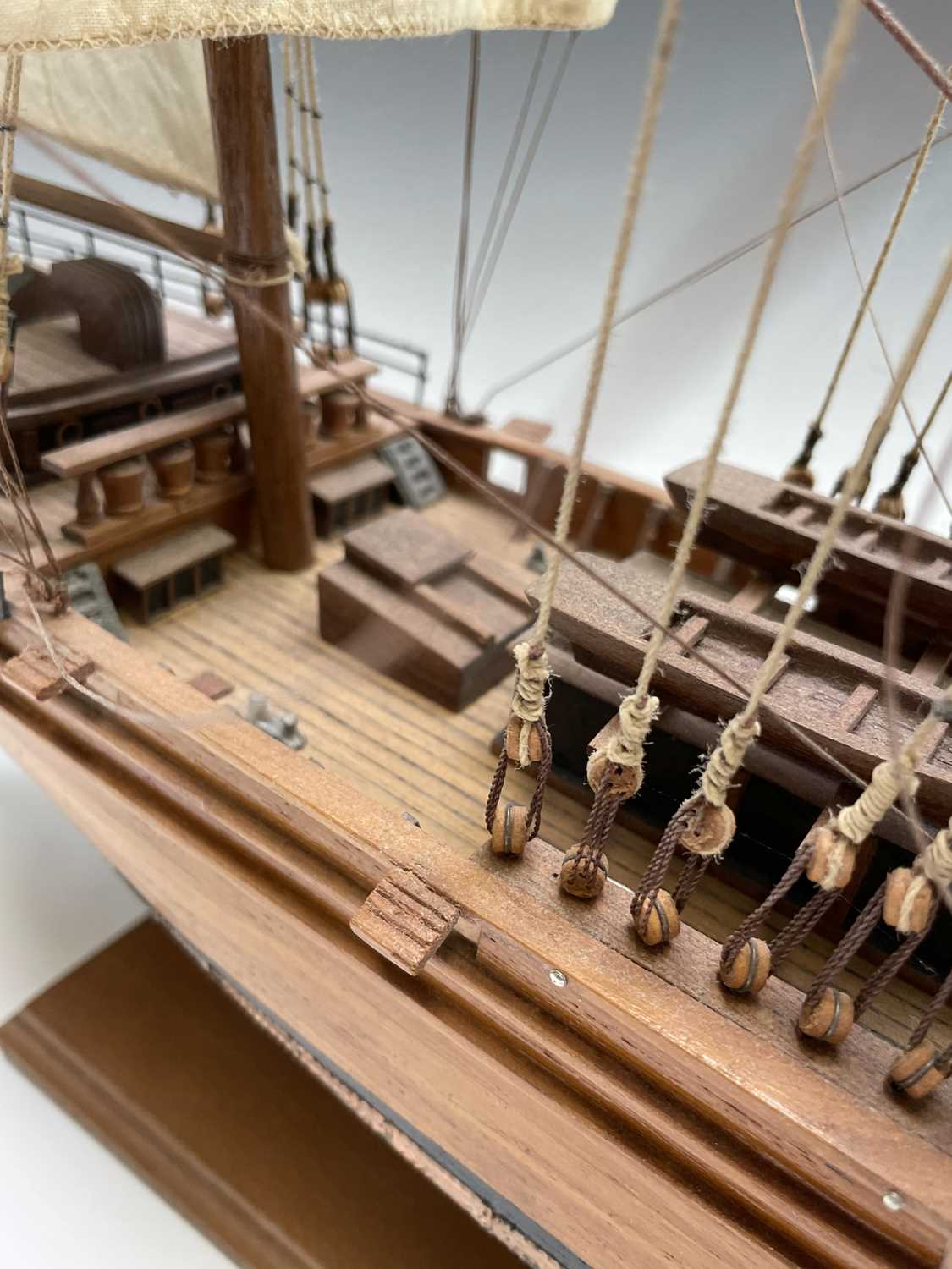 A wooden model of the clipper Cutty Sark, with copper clad hull, titled and mounted on a rectangular - Image 12 of 15