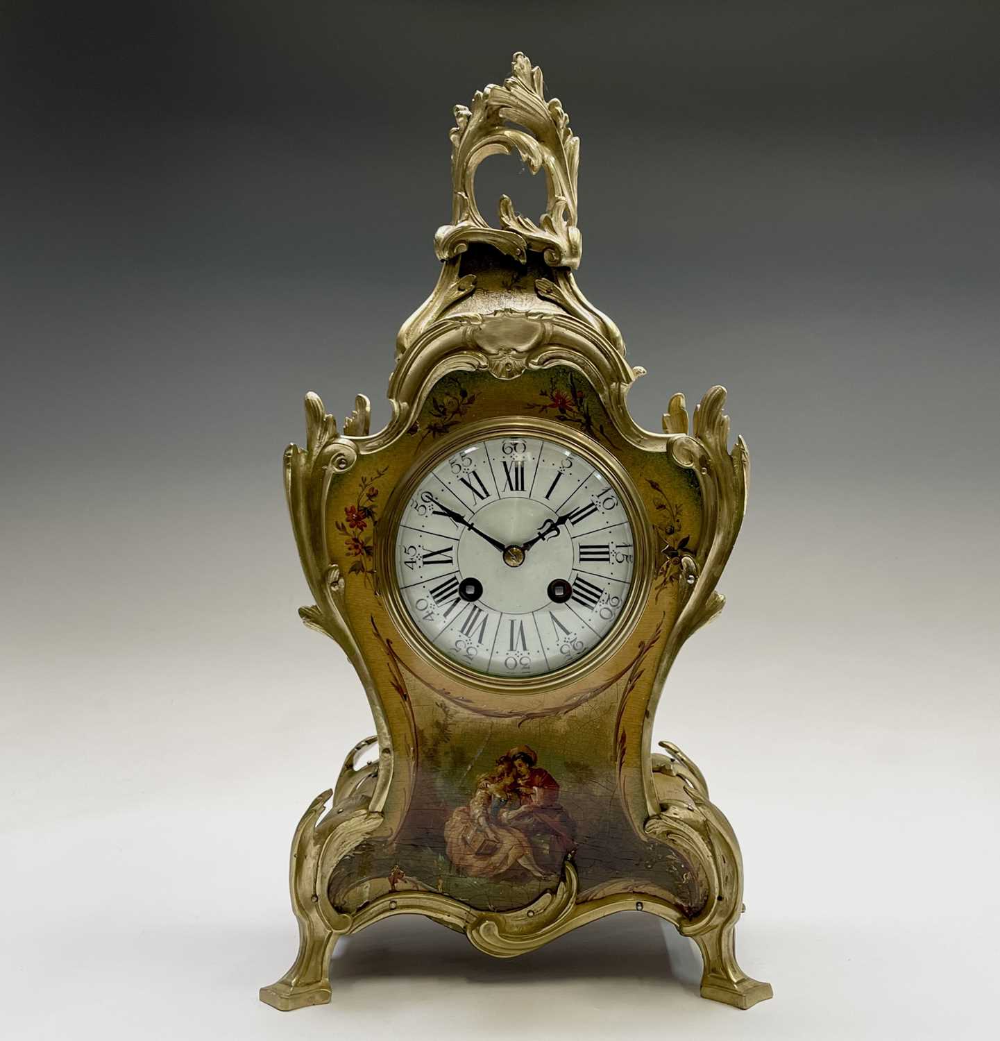 A French Vernis Martin style mantel clock, circa 1900, with floral and figural painted panels,