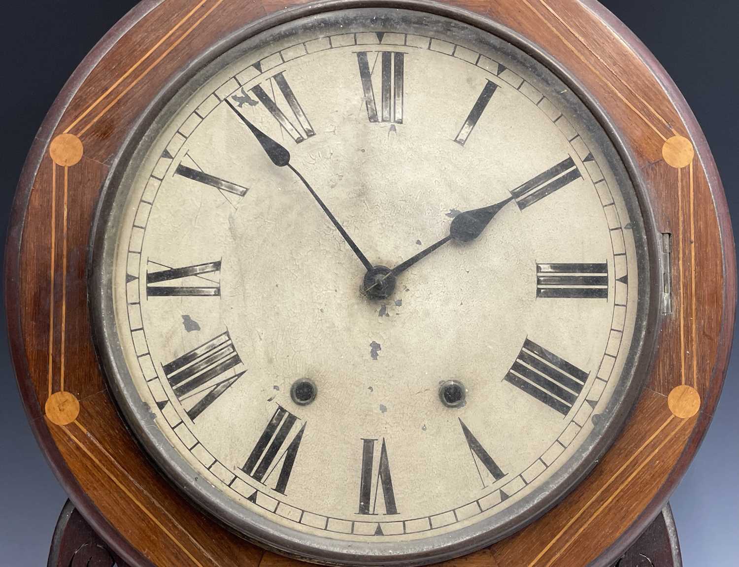 A Victorian walnut and inlaid drop-dial eight-day wallclock, with white painted dial, height 70cm. - Image 4 of 9