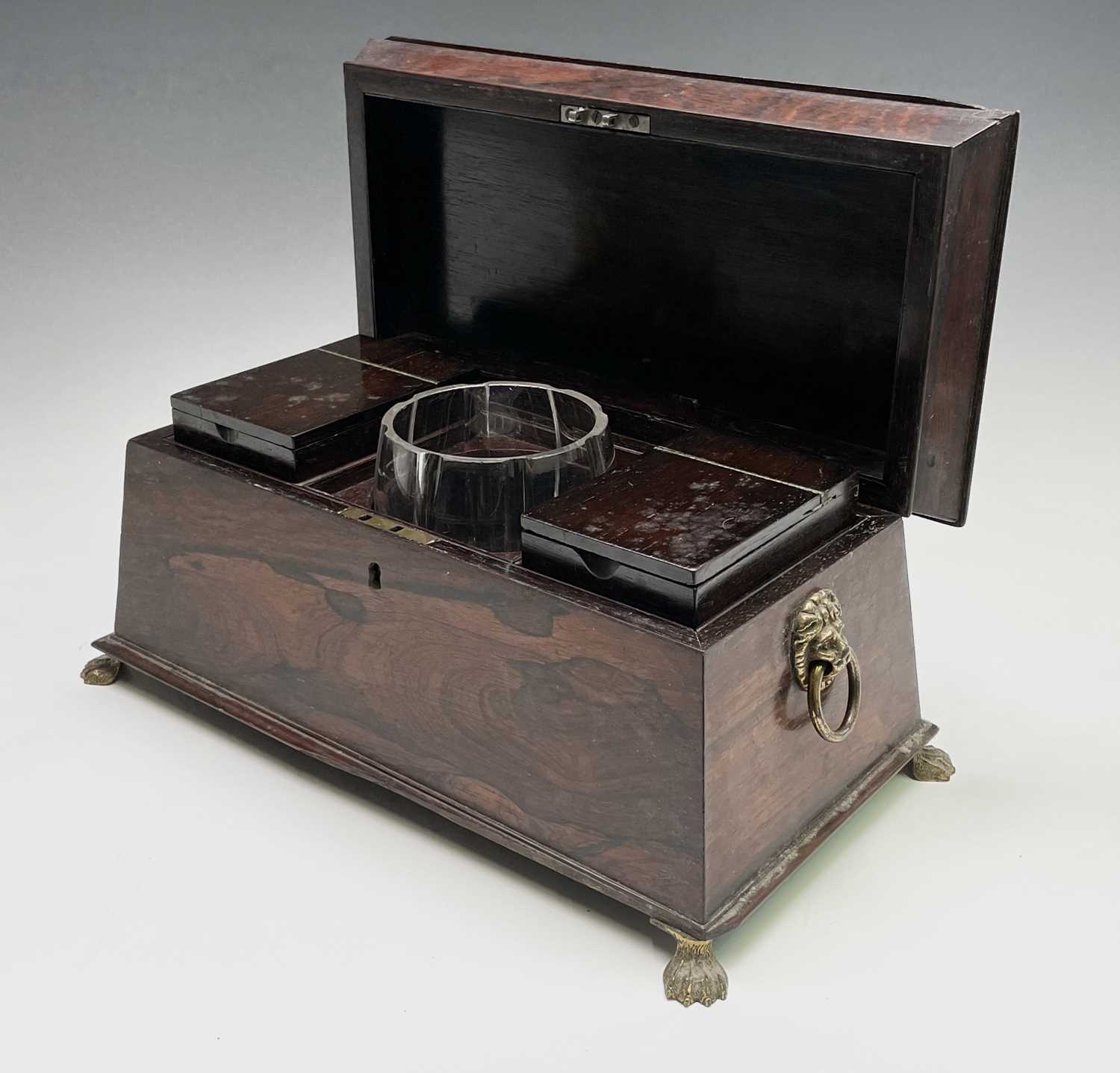 A Regency rosewood tea caddy, of sarcophagus shape, with a glass mixing bowl and two lidded - Image 2 of 9