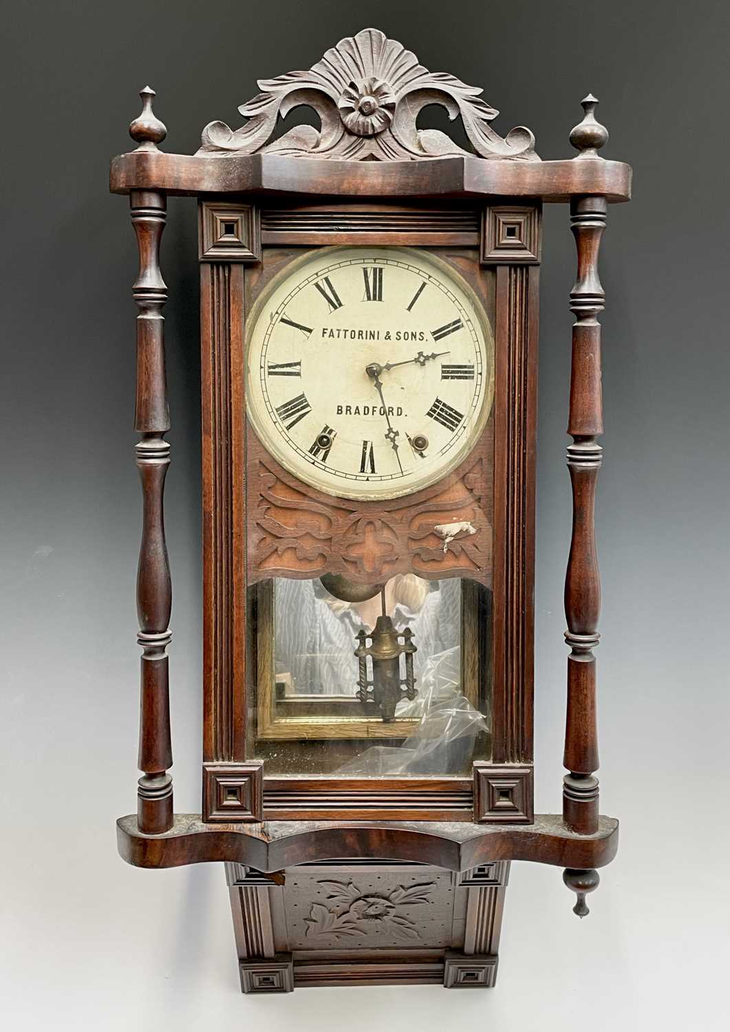 A Fattorini & Sons walnut wall clock, with white painted dial and turned column side supports, - Image 4 of 7