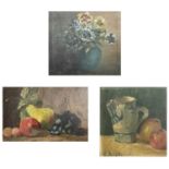E. ARCARI (XX) still life of a jug, an orange and an apple, framed, signed, image size 20cm x 20cm