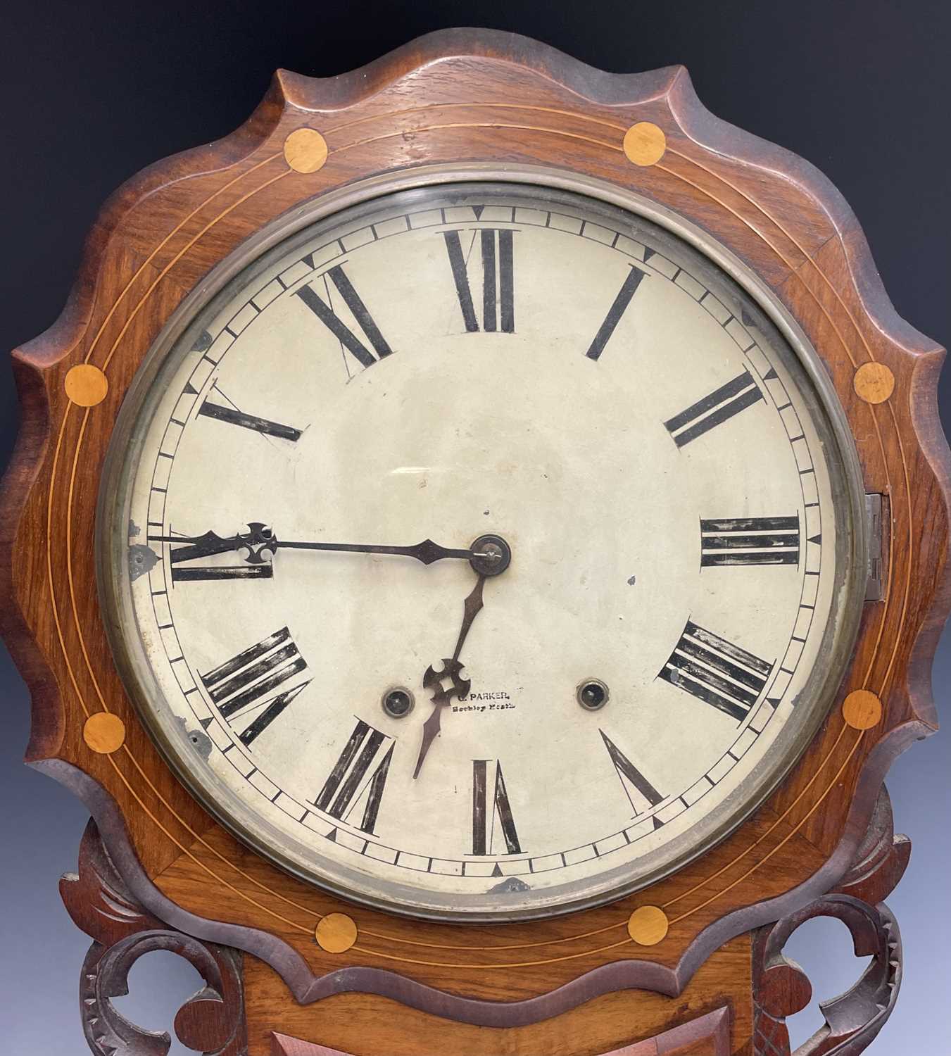 A Victorian walnut and inlaid drop-dial eight day wall clock, the painted dial signed Parker, - Image 7 of 9