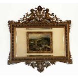 A French ornate gilt-gesso wall mirror, late 19th century, surmounted by two cherubs playing musical