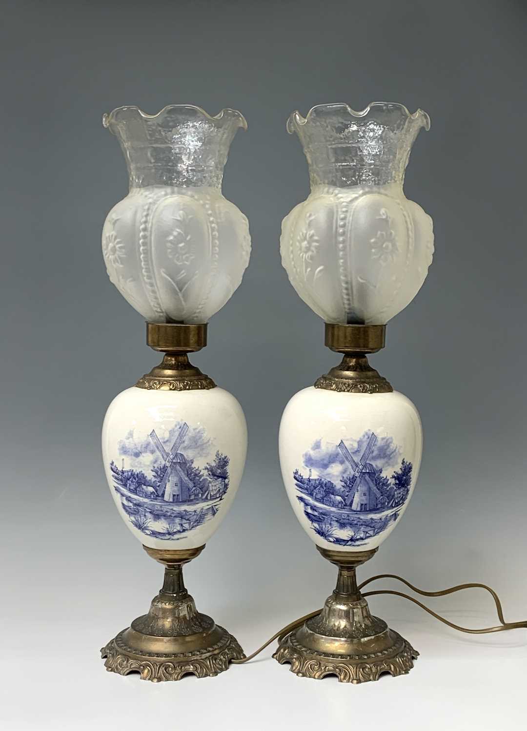 A pair of 20th century gilt metal mounted Delft table lamps with glass shades. Height 60.5cm. - Image 10 of 11