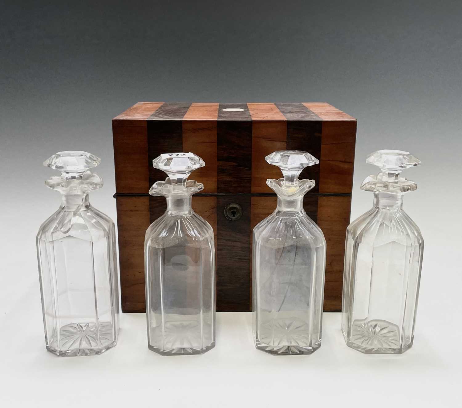 A satinwood and rosewood banded decanter box, early 19th century, containing four (of six) decanters - Image 3 of 13