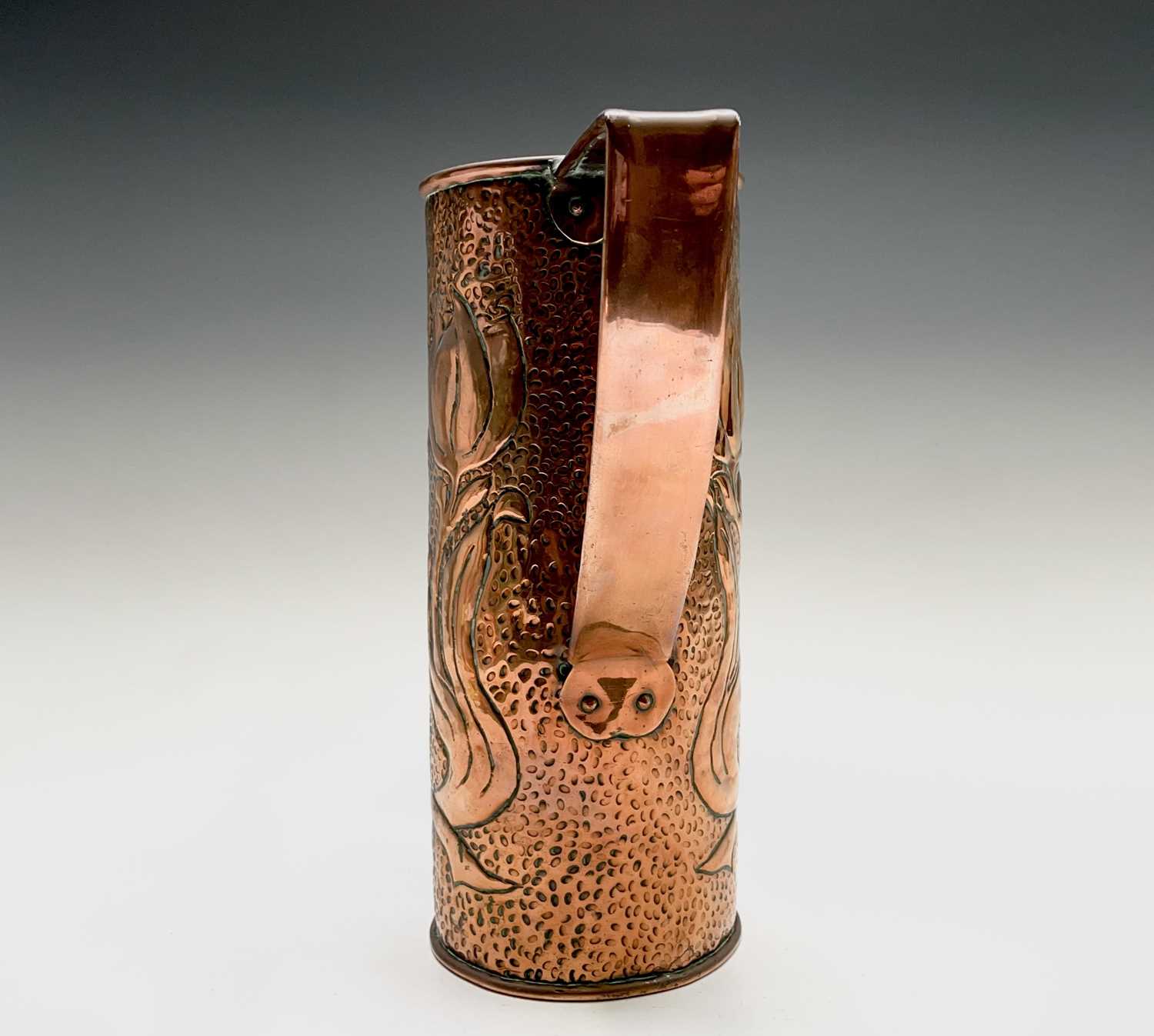 An Arts & Crafts period copper twin handled vase, the cylindrical body repousse decorated with - Image 3 of 10