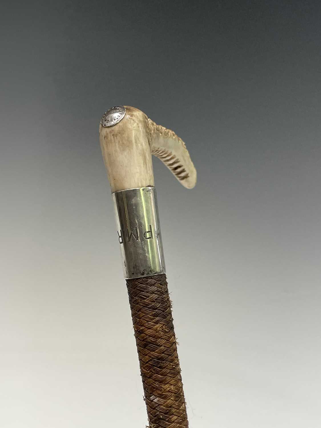 A Swaine hunting whip, with antler grip, hallmarked collar engraved with initials 'P.M.R', and - Image 10 of 10