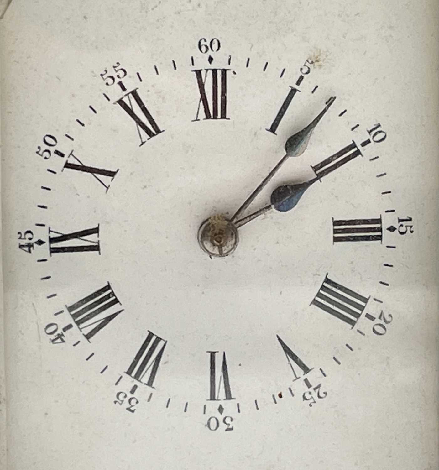 A French brass repeating carriage clock, circa 1900, with white enamel dial, striking on a coiled - Image 4 of 7