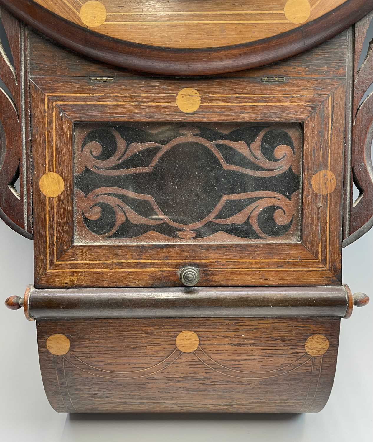 A Victorian walnut and inlaid drop-dial eight-day wallclock, with white painted dial, height 70cm. - Image 3 of 9