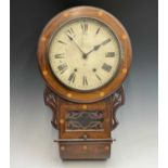 A Victorian walnut and inlaid drop-dial eight-day wallclock, with white painted dial, height 70cm.