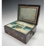 An early Victorian rosewood and ebony workbox, the top and front inlaid with satinwood foliage and