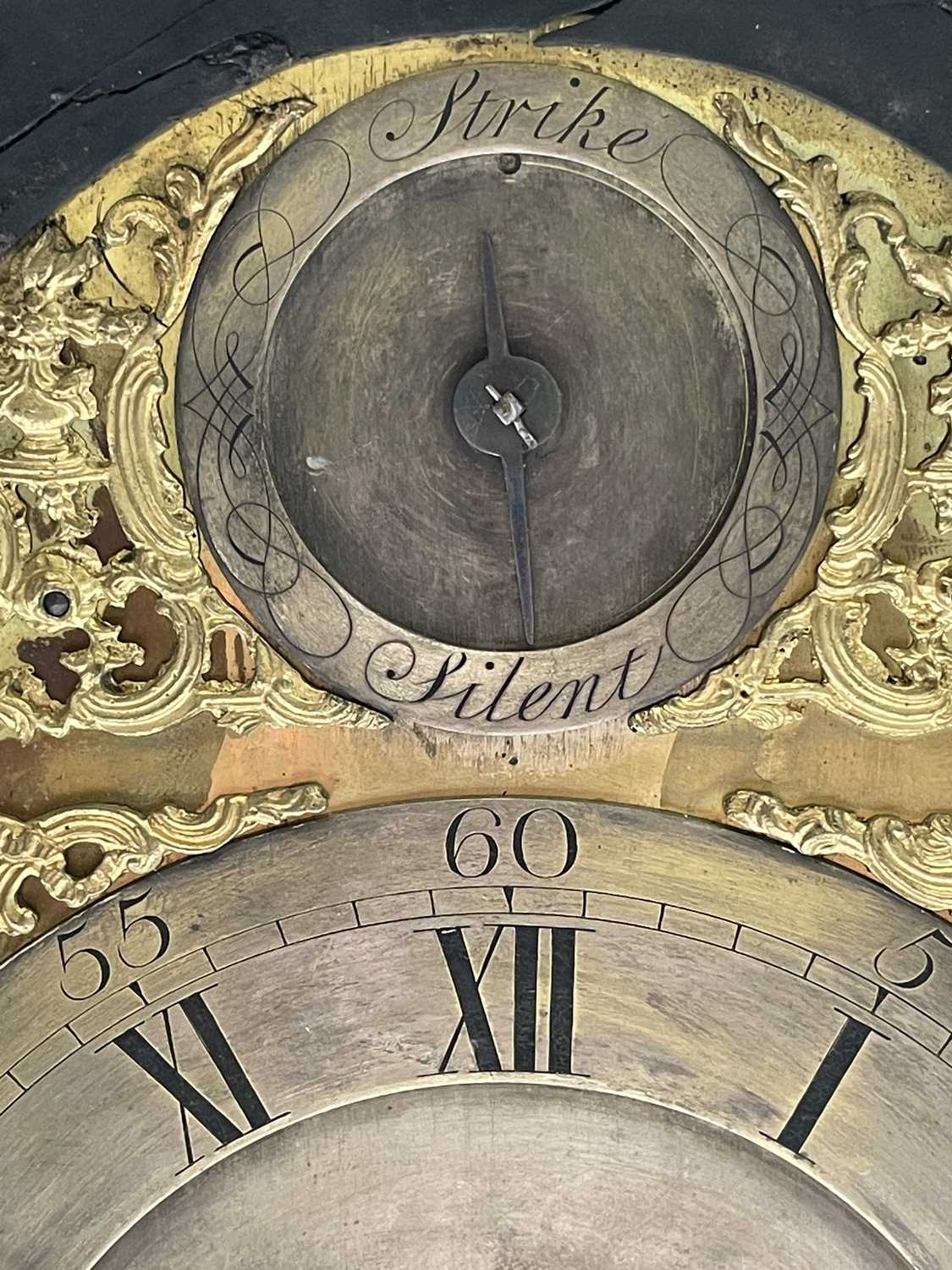 A mid 18th century ebonised bracket clock, the arched dial signed Thos Colley, with twin fusee - Image 13 of 14