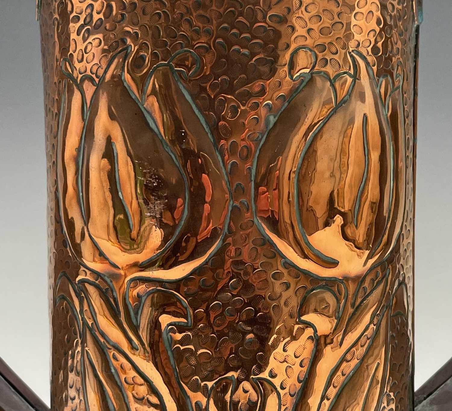 An Arts & Crafts period copper twin handled vase, the cylindrical body repousse decorated with - Image 4 of 10