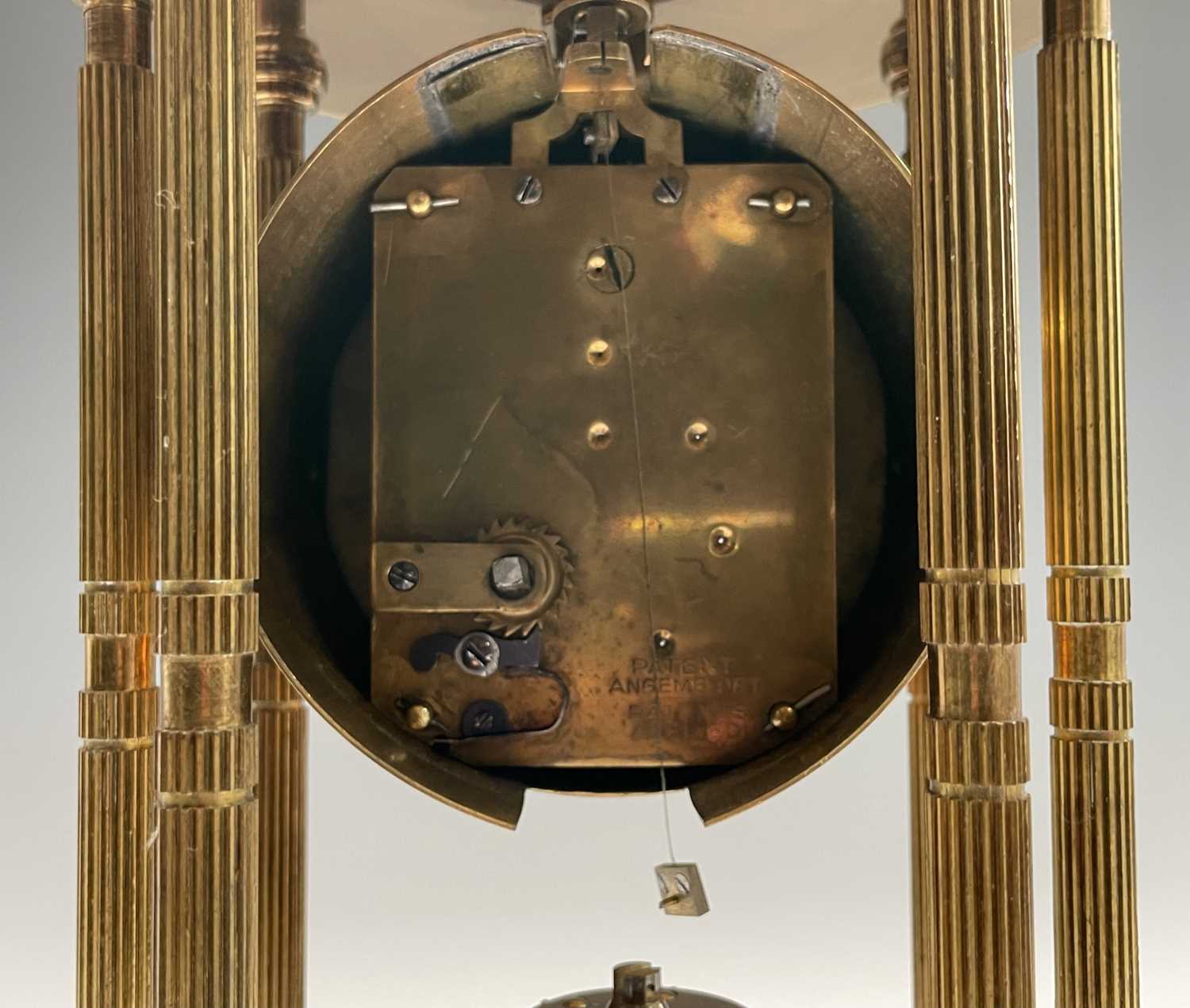 A 400 day brass torsion mantel clock, of portico type, with domed top, floral garland decorated dial - Image 7 of 15