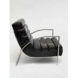 A contemporary leather and chrome open armchair, in the manner of the Jay Spectre "Eclipse" chair