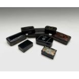 A collection of eight assorted Victorian snuff boxes, the largest 9.5cm wide.