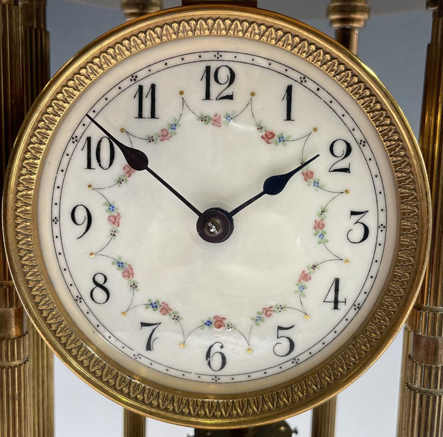 A 400 day brass torsion mantel clock, of portico type, with domed top, floral garland decorated dial - Image 2 of 15