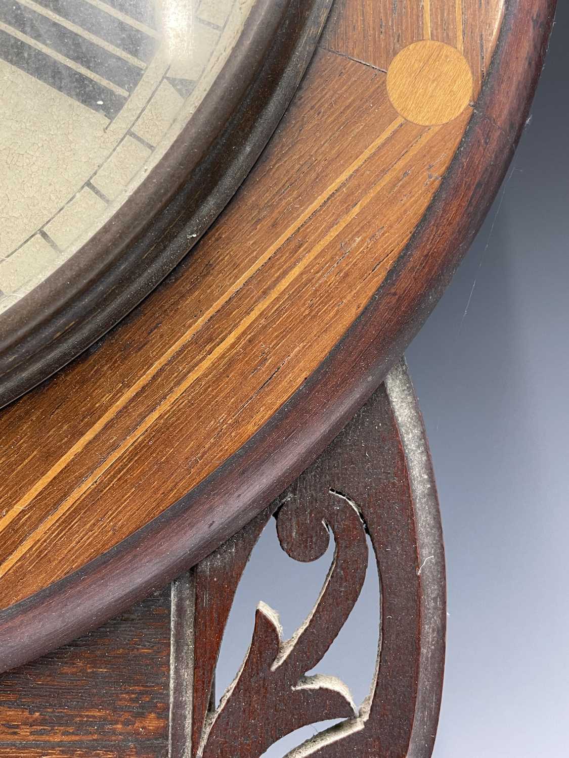 A Victorian walnut and inlaid drop-dial eight-day wallclock, with white painted dial, height 70cm. - Image 8 of 9