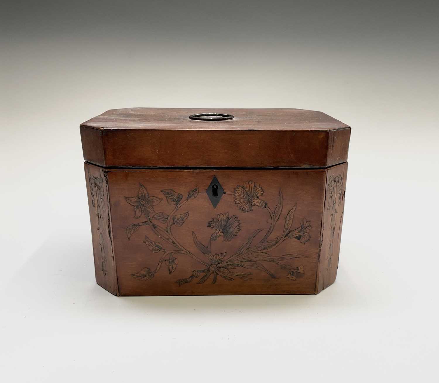 A George III satinwood and floral inlaid tea caddy, the lid opening to reveal a single internal