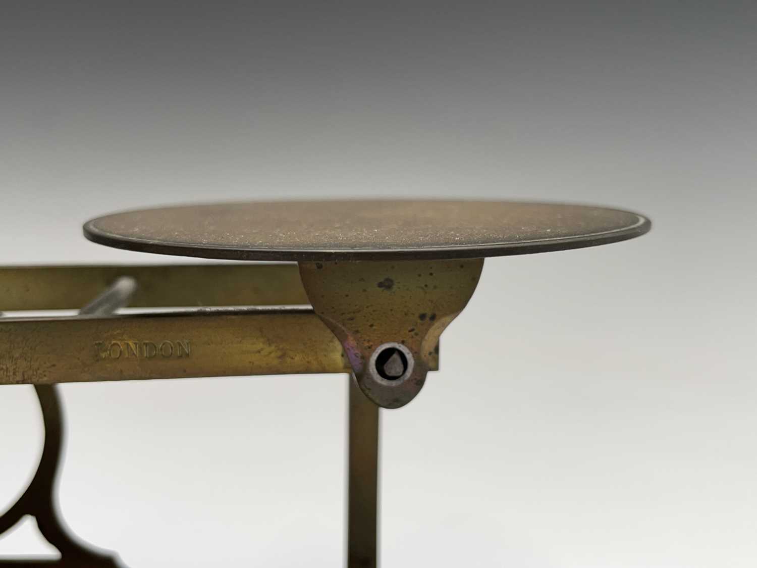 A set of late Victorian Sampson Mordan & Co brass and oak postal scales, the base set with nine - Image 8 of 10