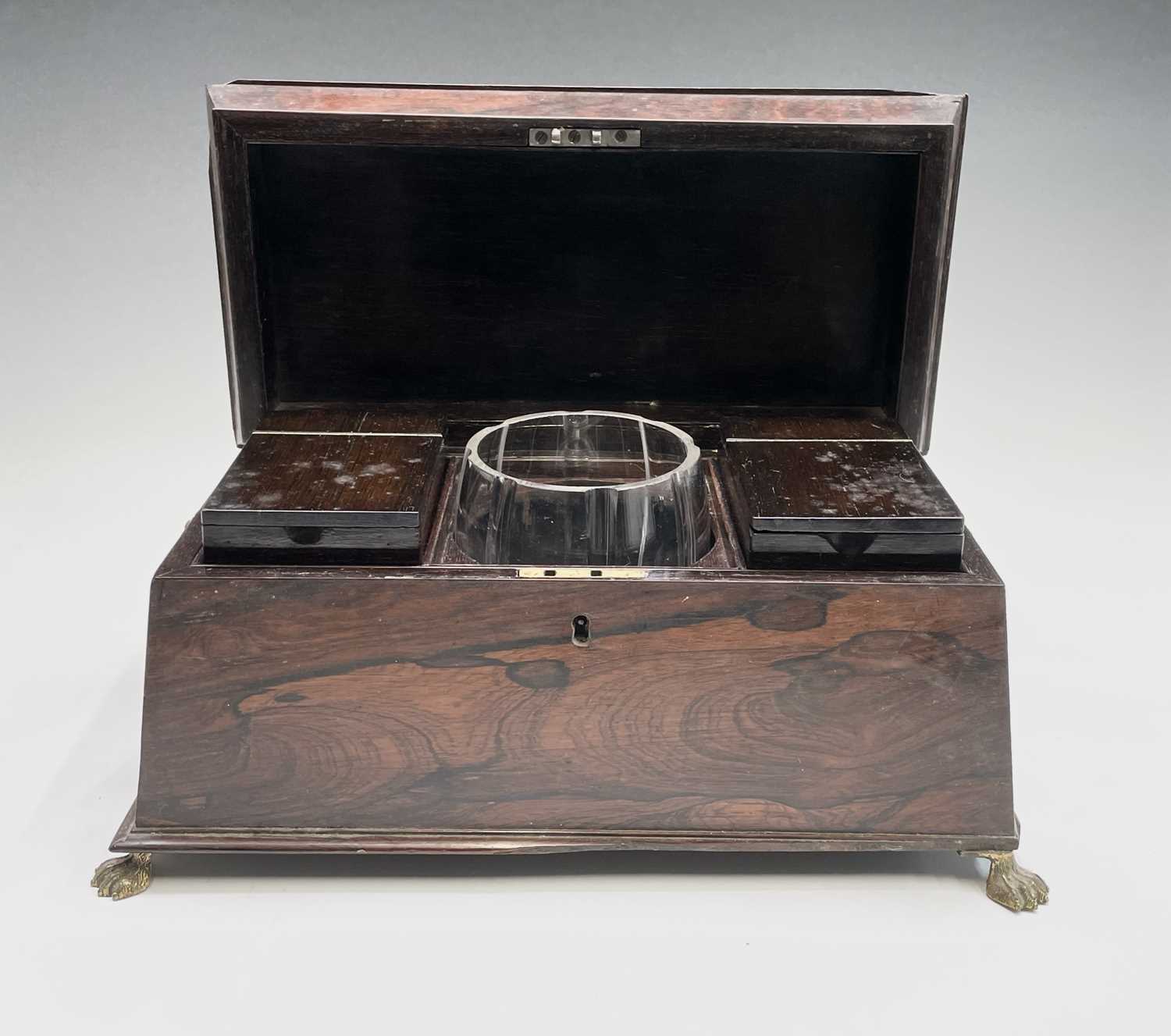 A Regency rosewood tea caddy, of sarcophagus shape, with a glass mixing bowl and two lidded - Image 9 of 9