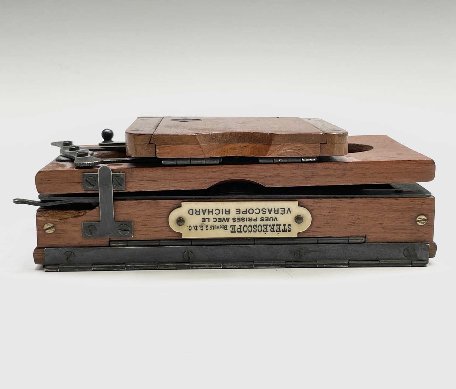 A mahogany folding stereoscope viewer, labelled for Verascope Richard, width 12.5cm, together with a - Image 2 of 13